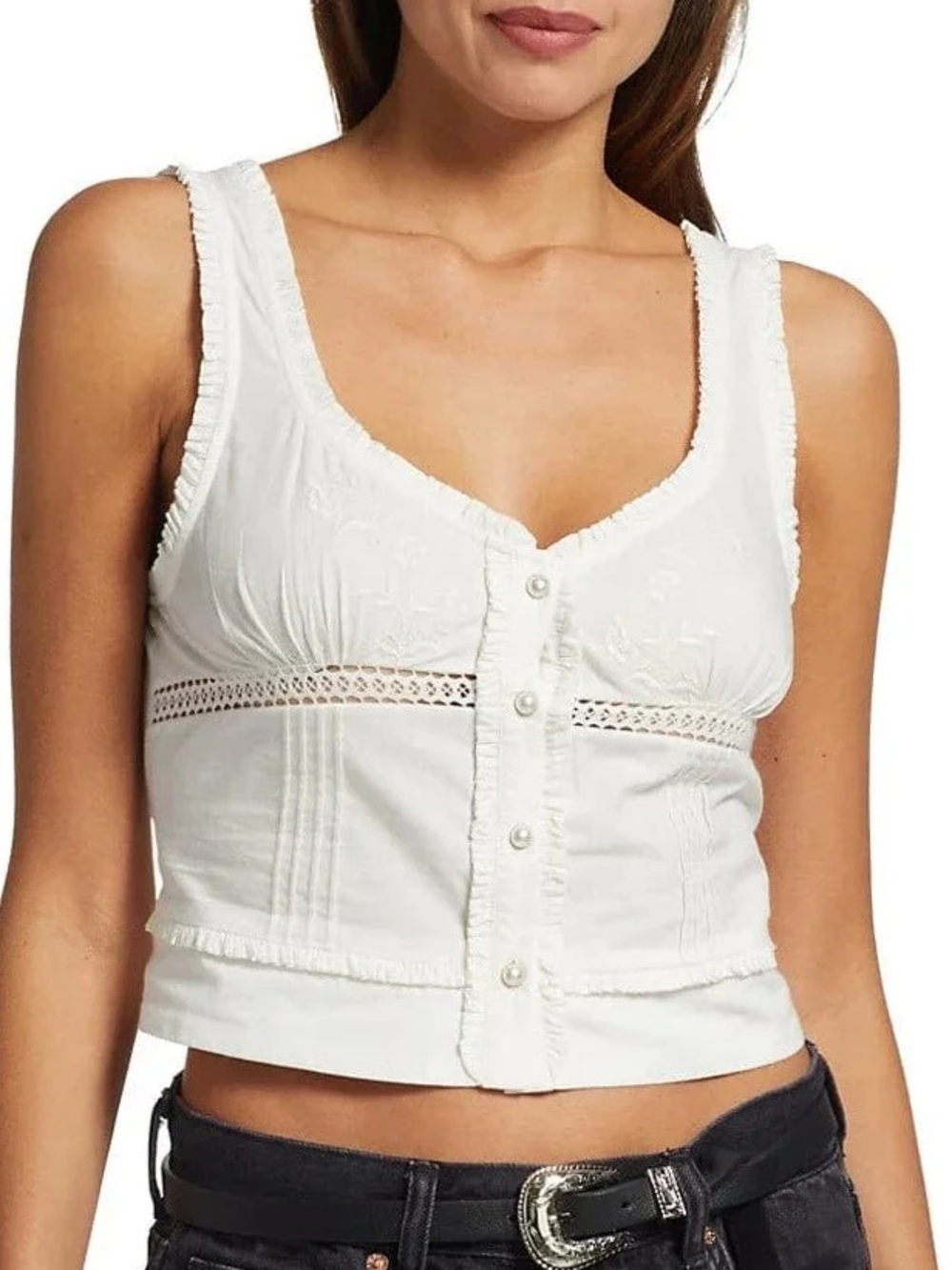 Free People white embroidered cropped button up Kerry tank top Women’s sz M